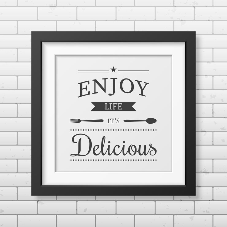 Vector disfruta de la vida es deliciosa - cita tipográfica en un marco cuadrado negro realista en la pared de ladrillo