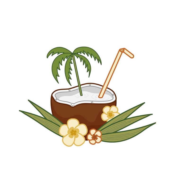 Vector disfrutando de una bebida de coco tropical con palmeras con hojas tropicales, paja y flores ilustración vectorial aislada