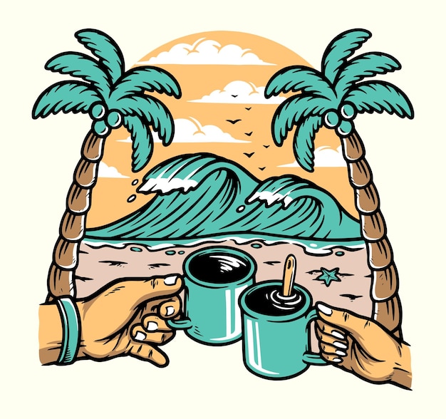 Disfrutando de un café en la ilustración de la playa