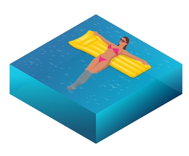 Disfrutando del concepto de bronceado. Vacaciones de verano. Mujer isométrica en bikini en el colchón de aire amarillo en la gran piscina. ilustración vectorial