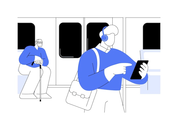 Disfrutando de la forma aislada de las ilustraciones vectoriales de dibujos animados hombre viaja en el metro y escuchar música en