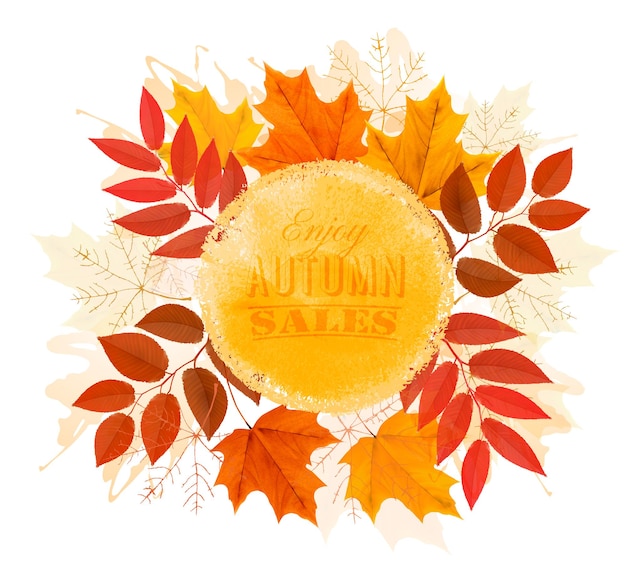 Disfrute de la pancarta de rebajas de otoño con hojas de otoño. Vector.