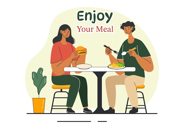 Disfrute de su comida Ilustración vectorial de una variedad de comida deliciosa en el hogar o en el restaurante en el diseño de fondo de dibujos animados de estilo plano