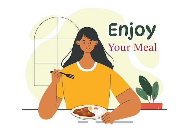 Disfrute de su comida Ilustración vectorial de una variedad de comida deliciosa en el hogar o en el restaurante en el diseño de fondo de dibujos animados de estilo plano