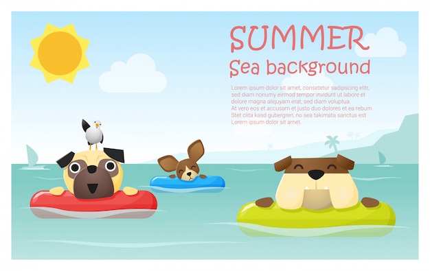 Disfrute de vacaciones de verano tropical con perros pequeños, plantilla de texto