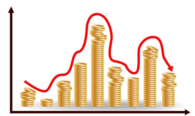 Disminución de montones de monedas con gráfico descendente Concepto de caída financiera