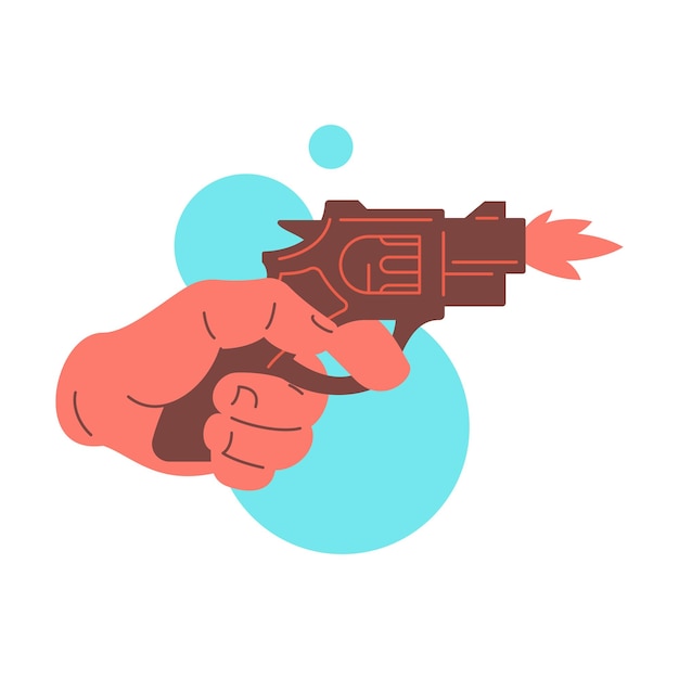 Vector disparo de mano humana revólver retro arma boom icono de explosión ilustración plana vectorial