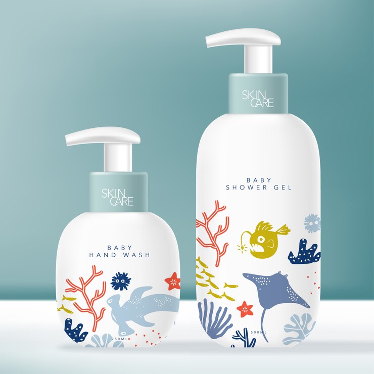 Dispensador de artículos de tocador para productos de belleza o cuidado de la piel. Patrón de tema de mundo submarino para niños o niños.