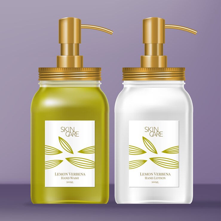 Dispensador de tarro de cristal con tapón de rosca dorado metálico y bomba. Diseño temático de verbena de limón.