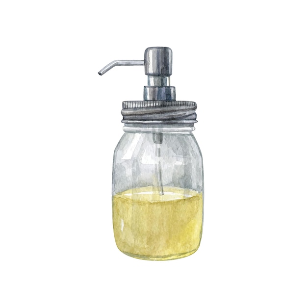 Dispensador de vidrio reutilizable con líquido para lavar platos amarillo Cero desperdicio vector clipart Arte de acuarela