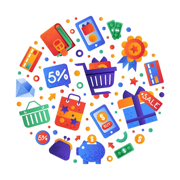 Disposición de círculos de venta y compras con plantilla vectorial de íconos plana y colorida