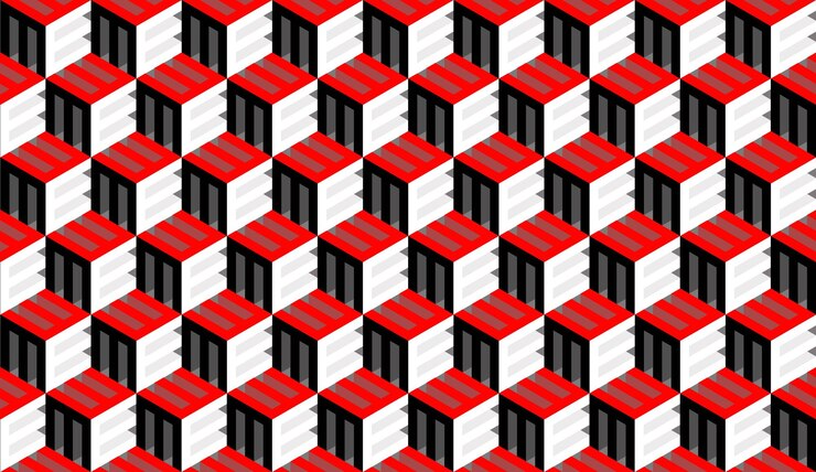 Disposición tridimensional en forma de cubo en colores gris oscuro, gris claro y rojo