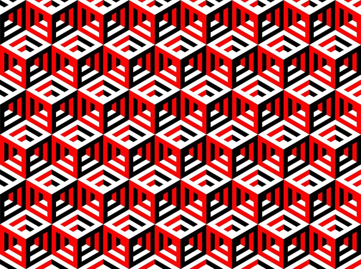 Disposición tridimensional en forma de cubo en colores gris oscuro, gris claro y rojo