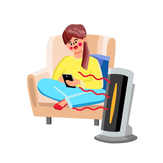 Dispositivo de calentador de espacio para el vector doméstico de calentamiento de aire. Mujer joven sentada en un sillón y usar Smartphone, calentador de espacio Gadget sala de calefacción. Chica de personaje y equipo electrónico Ilustración de dibujos animados plana