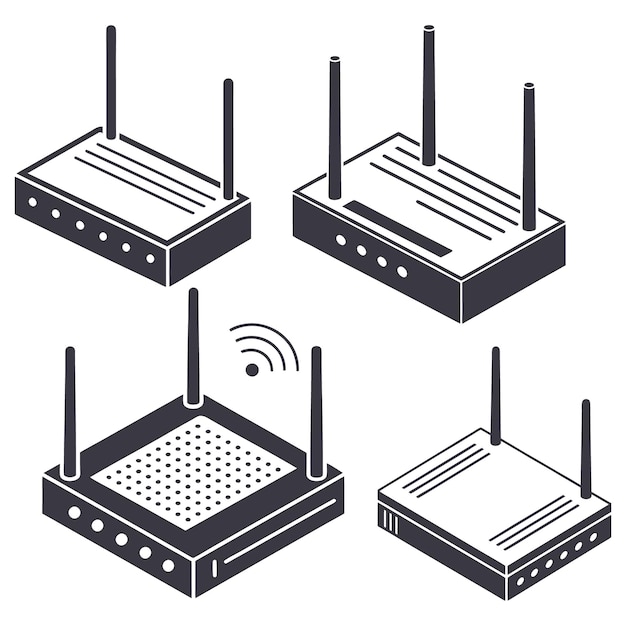 Dispositivo de comunicación de router de red y silueta vectorial del conjunto de routers inalámbricos