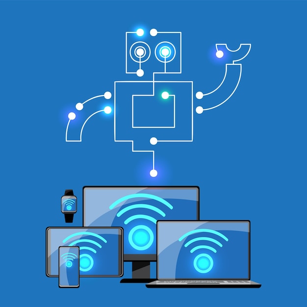 Vector dispositivo de control y conexión inteligente de internet de las cosas iot en la red de la industria y residente en cualquier lugar en cualquier momento y cualquier negocio con tecnología de ti de internet para futuristas del mundo