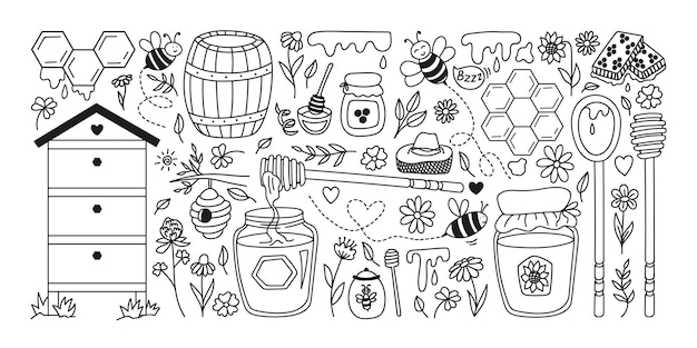 Dispositivo de dibujos a mano de miel de abeja con panales de colmena, barril de derretimiento líquido, sombrero, flores, frasco de vidrio