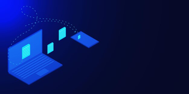 Dispositivo futurista de portátil y teléfono inteligente con carpetas para la red y la organización de archivos