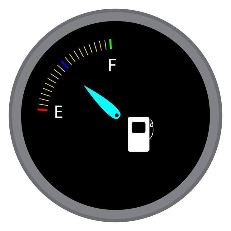 Vector dispositivo indicador de combustible índice y flecha de puntero e indicador de automóvil miden el tablero de instrumentos del nivel de combustible y potencia ilustración de diseño plano vectorial