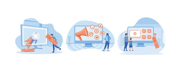 Dispositivo interactivo conectado a la red Técnicas de televisión modernas Metaforas establecidas Medios de transmisión de televisión por Internet Establecimiento de vector plano Ilustración moderna
