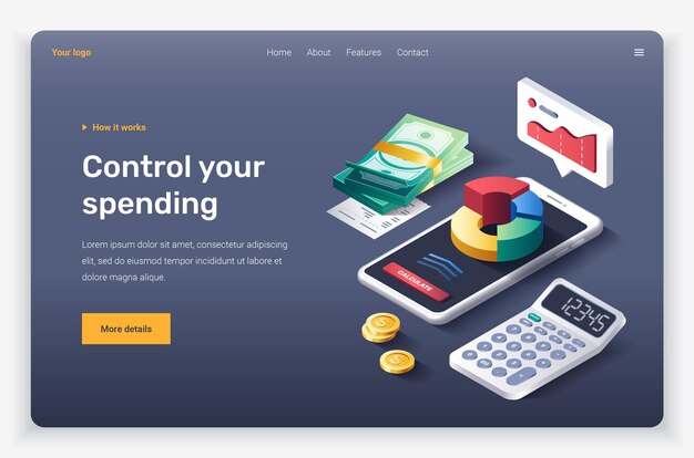 Dispositivo móvil isométrico, diagrama, calculadora y dinero. plantilla de página de destino.