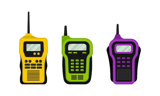 Dispositivo de radio portátil colorido o walkie-talkie con conjunto vectorial de antena