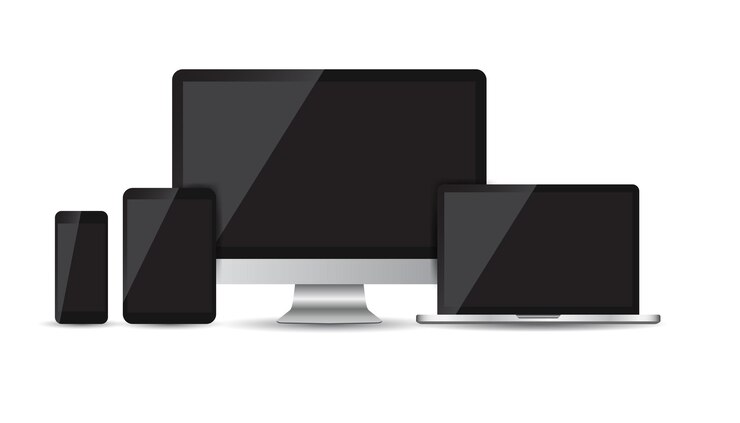 Vector dispositivo realista iconos planos smartphone tablet portátil y computadora de escritorio ilustración vectorial