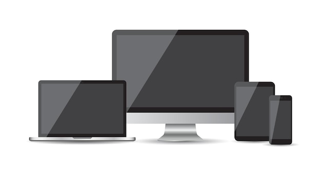 Dispositivo realista iconos planos smartphone tableta portátil y computadora de escritorio ilustración vectorial sobre fondo blanco