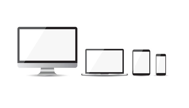 Dispositivo realista iconos planos smartphone tableta portátil y computadora de escritorio ilustración vectorial sobre fondo blanco