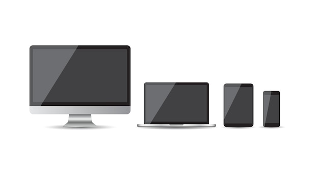 Dispositivo realista iconos planos smartphone tableta portátil y computadora de escritorio ilustración vectorial sobre fondo blanco