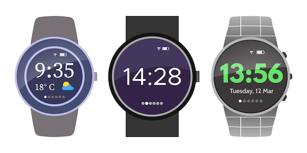 Dispositivo de relojes inteligentes sobre fondo blanco Conjunto de tres relojes Ilustración vectorial