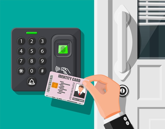 Vector dispositivo de seguridad con contraseña y huella digital en la oficina o en la puerta de su casa. mano con tarjeta de identificación. maquina de control de acceso o tiempo de asistencia. lector de tarjetas de proximidad. ilustración de vector de estilo plano