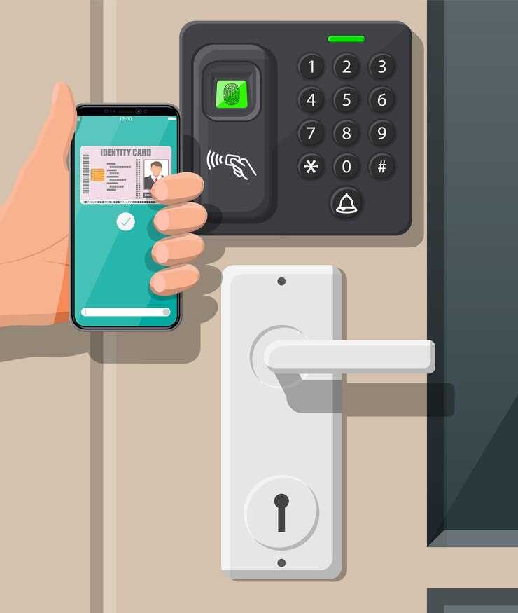 Vector dispositivo de seguridad con contraseña y huella digital en la oficina o en la puerta de su casa. mano con teléfono inteligente con aplicación de tarjeta de identificación. maquina de control de acceso, presencia de tiempo. lector de tarjetas de proximidad. ilustración vectorial plana