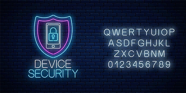 Dispositivo seguro letrero de neón brillante con alfabeto sobre fondo de pared de ladrillo oscuro. Símbolo de seguridad cibernética con escudo y dispositivo móvil con cerradura. Ilustración vectorial.