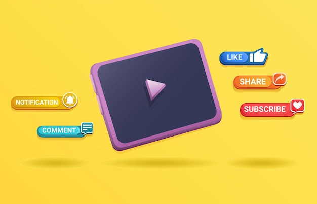 Dispositivo de tableta de arcilla 3D con símbolo de subribe de mensaje emergente para vector de video de transmisión de canal