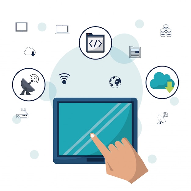 Vector dispositivo de tableta y mano en primer plano y los iconos de redes