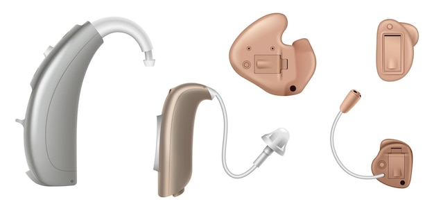 Dispositivos de audífonos aislados sobre fondo blanco Diferentes equipos de audiología
