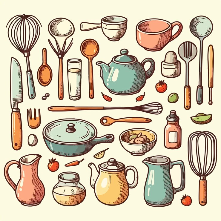 Vector dispositivos de cocina y utensilios de cocina dibujados a mano
