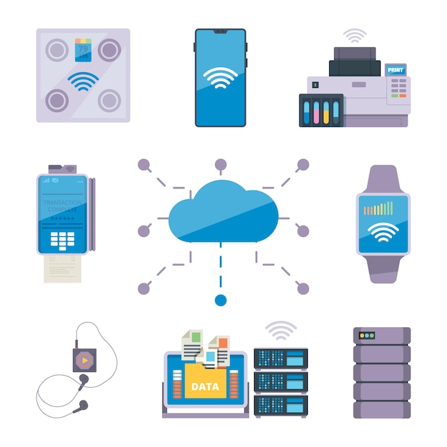 Dispositivos de conectividad. conexión inteligente técnica wifi bluetooth compatible con una colección de vectores chillones. ilustración de conexión de dispositivo wifi