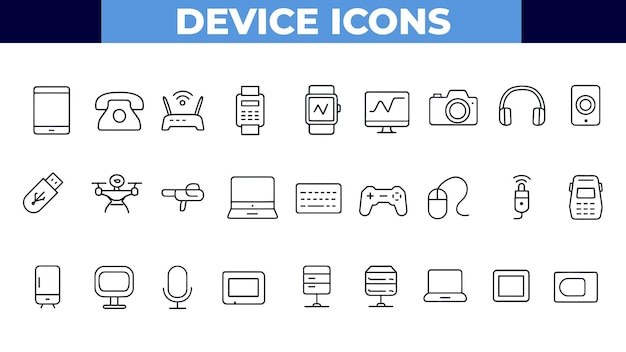 Dispositivos conjunto de iconos web en estilo de línea Dispositivos electrónicos y iconos de gadgets para web y aplicación móvil