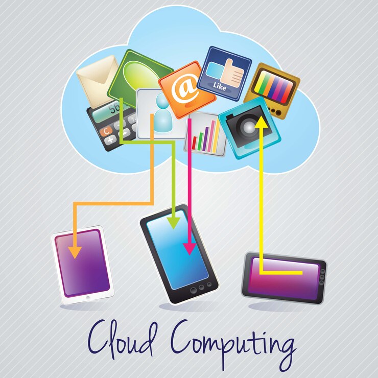 Vector dispositivos de diseño de concepto de computación en la nube conectados en fondo gris ilustración de vector