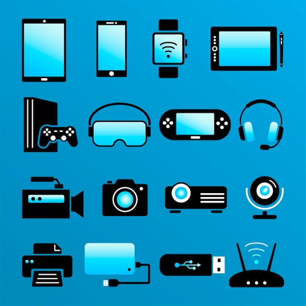 Dispositivos electorinc. Iconos planos de dispositivos digitales y computadoras.