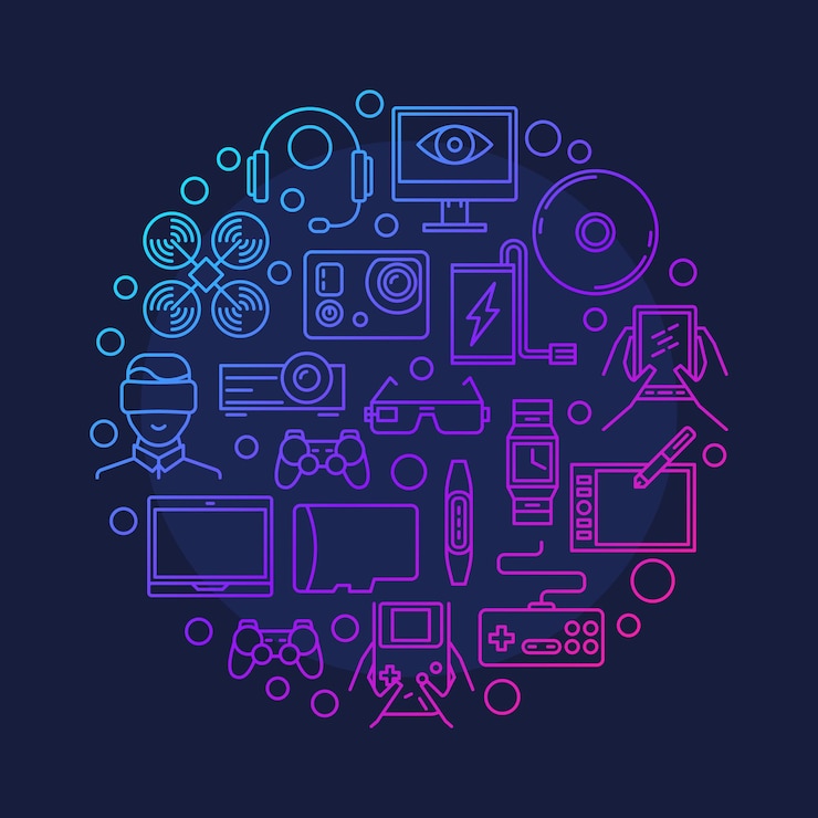 Vector dispositivos electrónicos y gadgets concepto de color vectorial ilustración redonda en estilo de línea fina