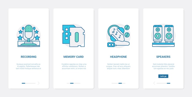 Dispositivos electrónicos para reproducir sonido de música de grabación ux ui conjunto de pantalla de la página de la aplicación móvil