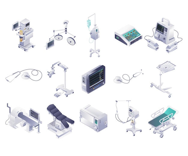 Dispositivos y herramientas en tecnología médica Ilustración isométrica