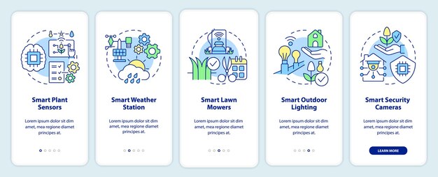 Dispositivos inteligentes para jardines que incorporan la pantalla de la aplicación móvil. Tutorial de sensores de plantas en 5 pasos con páginas de instrucciones gráficas con conceptos lineales. Interfaz de usuario, UX, plantilla de interfaz gráfica de usuario. Myriad Pro-Bold, fuentes regulares utilizadas