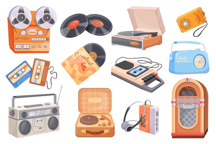 Vector dispositivos de radio retro jugador de cd de vinilo vintage o grabador de cinta cassette música de la colección hipster de los años noventa estéreo para el hogar boombox equipo de sonido de audio ilustración vectorial ordenada