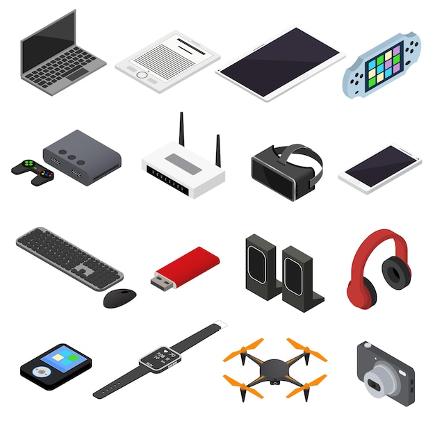 Vector dispositivos de tecnología iconos de color vista isométrica gadget de equipos electrónicos para web y aplicaciones. ilustración vectorial