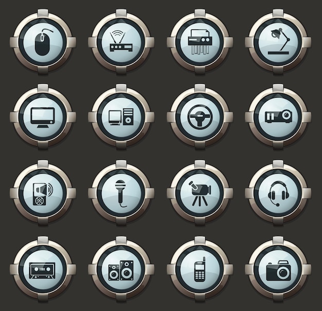 Dispositivos vectoriales elegantes botones redondos para aplicaciones móviles y web.
