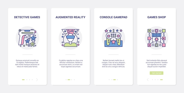 Vector dispositivos de videojuegos y gadgets para juegos ui ux onboarding conjunto de pantallas de página de aplicaciones móviles